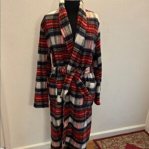 Vintage Sears Permanent Prest Plaid Long Belted Trench Robe Coat Red/Navy/White